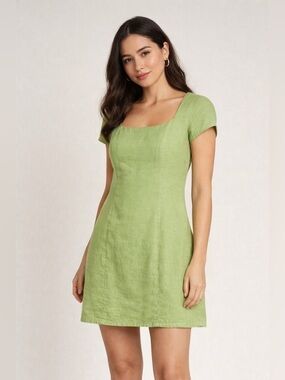House of Harlow 1960 Linen Mini Dress Green Open Back Smocked M